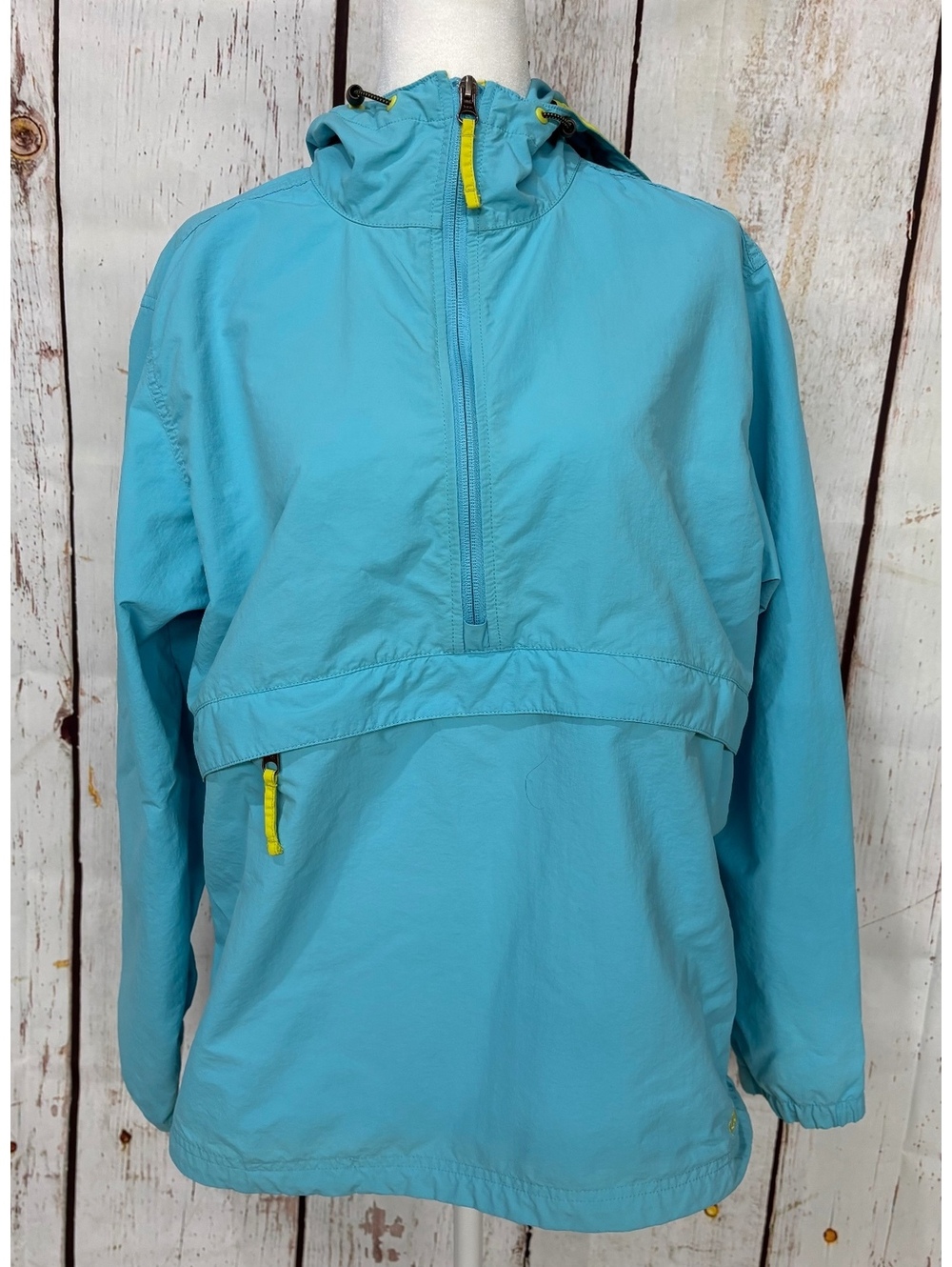 L.L.Bean Women’s Aqua Mountain Classic Anorak Windbreaker Yellow Trim Size L